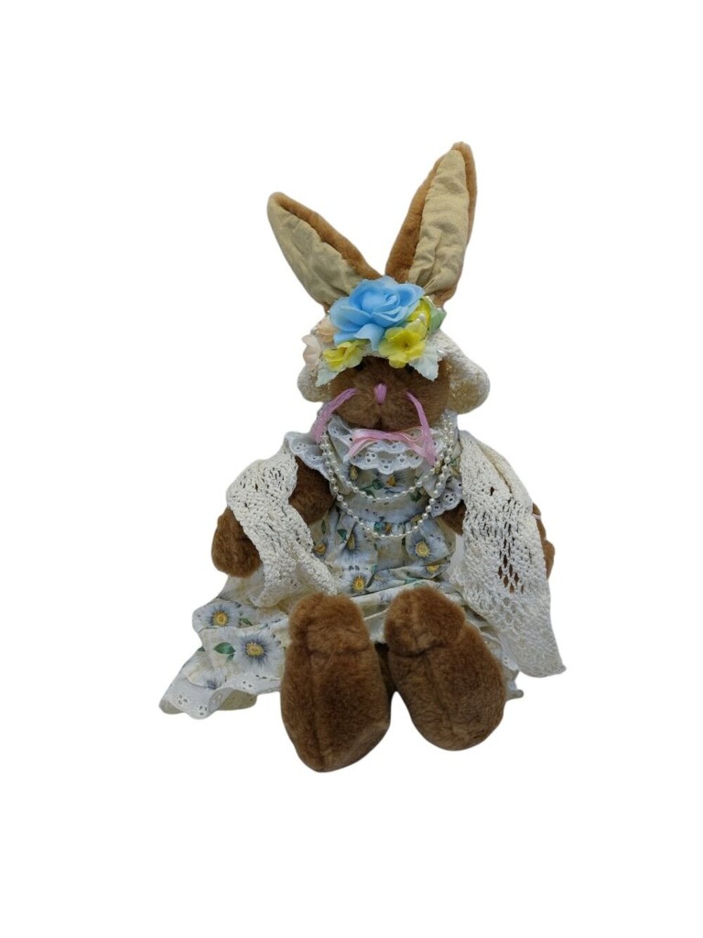 Rabbit Bunny Brown Doll Floral Hat & Dresses Necklace Farmhouse Decor Easter 15"